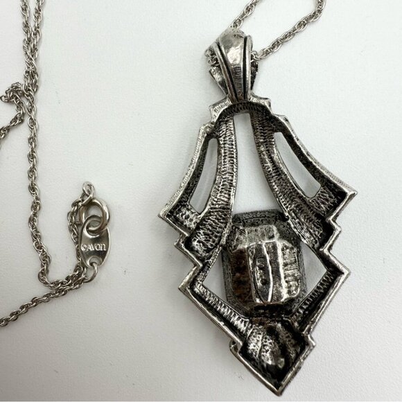 Vtg Avon 1994 Art Deco Necklace Faux Amethyst Marcasite Pendant in SilverTone - Picture 6 of 9